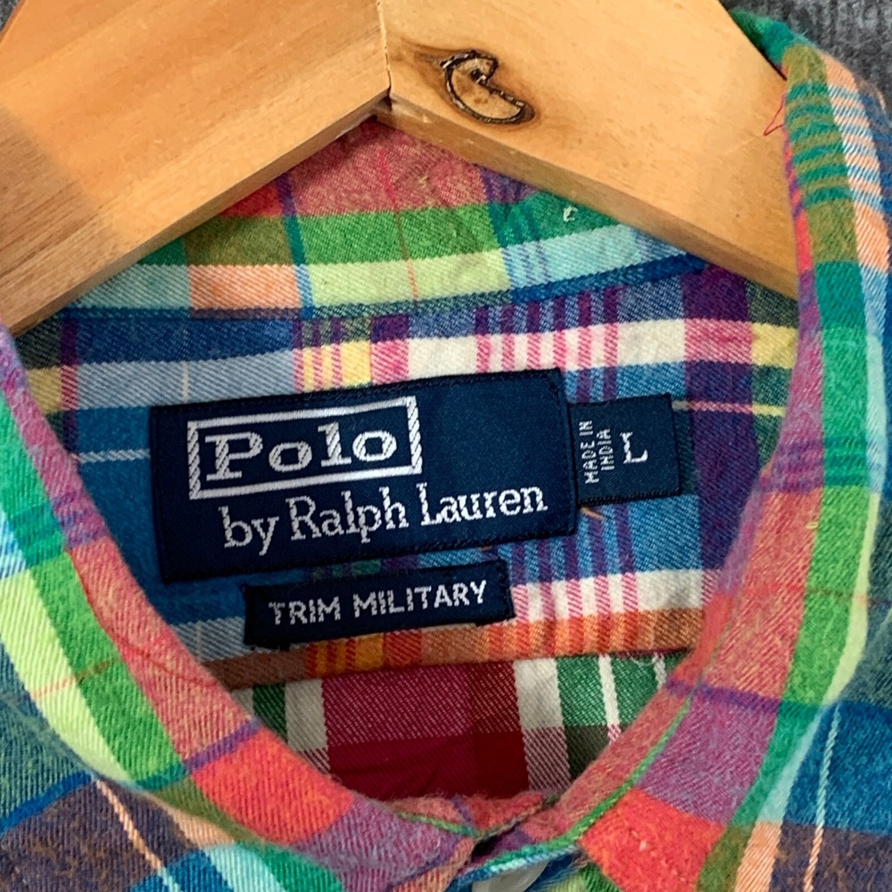 VTG Polo Ralph Lauren Colorblock Shirt Men Large Trim Military Plaid 90s Epaulet - Picture 3 of 8